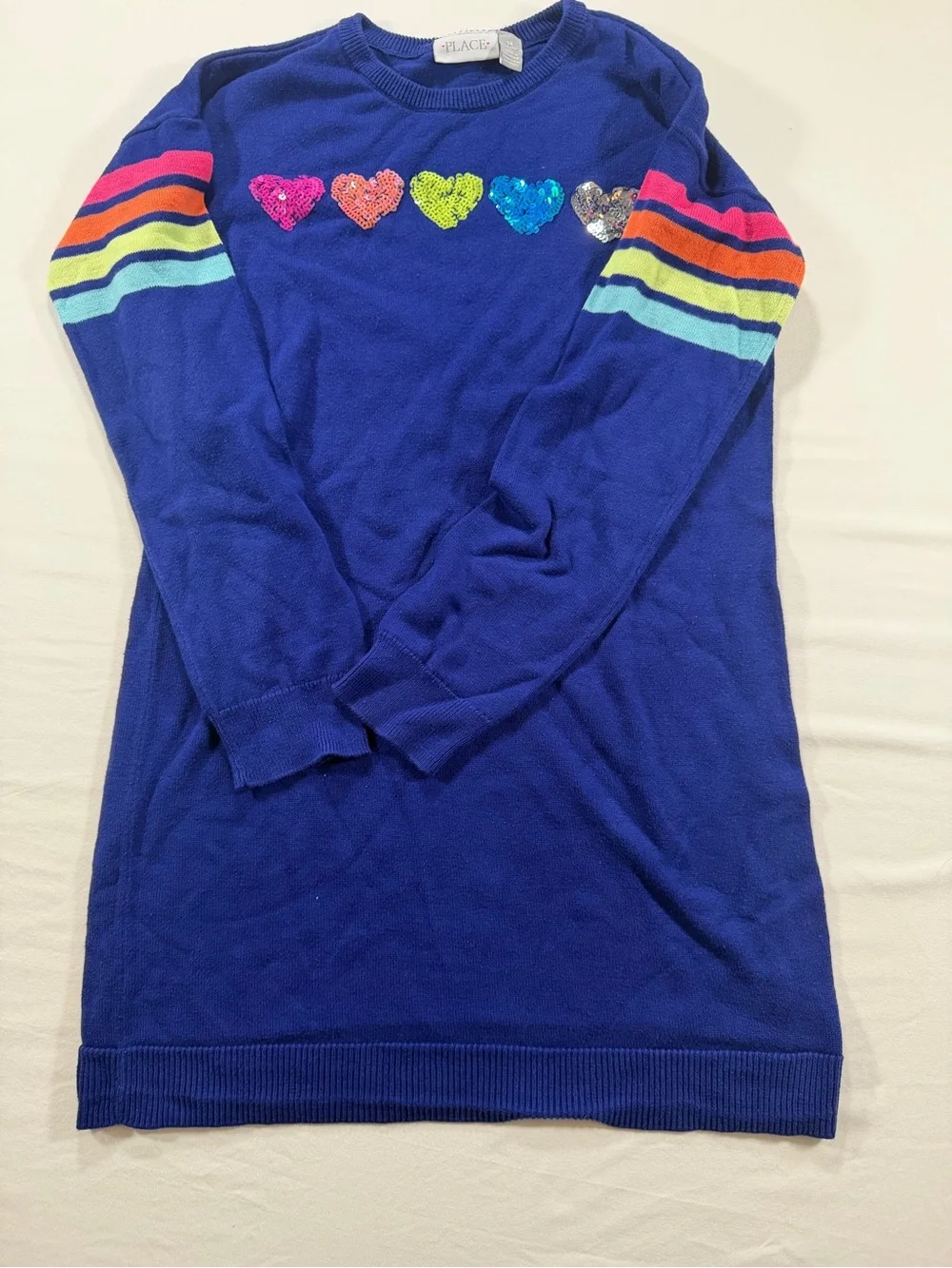 The Children's Place Royal Blue Sequin Heart Sweater with Rainbow Stripes